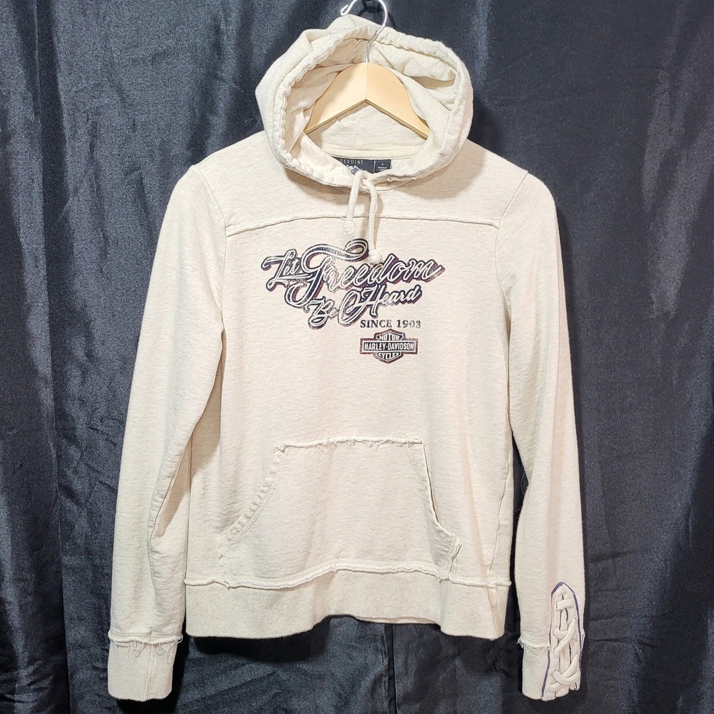 Harley-Davidson Womens Cream Graphic Hoodie Lace Up Cuffs Eagle‎ Freedom Small